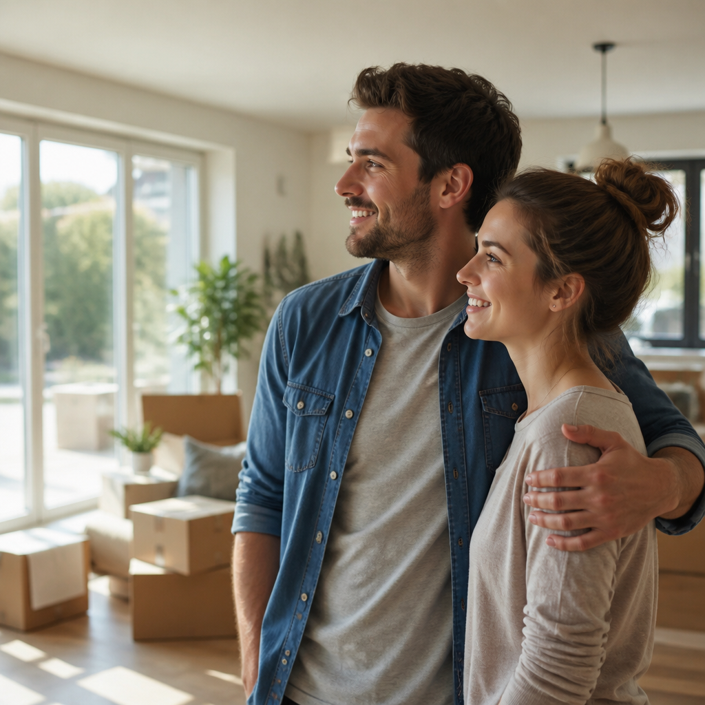 Pareja feliz en su nueva casa mirando hacia el mensaje principal