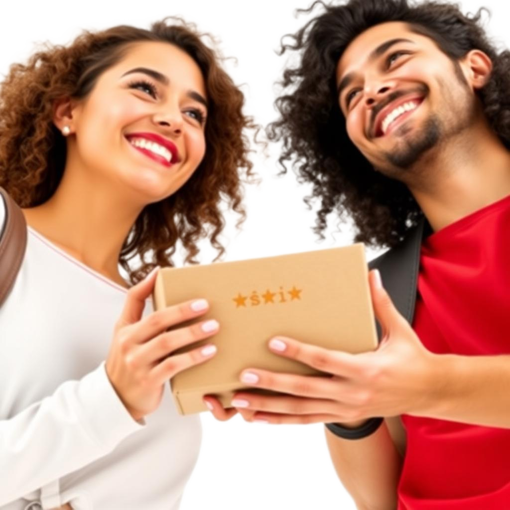 Pareja joven contenta con una caja en su nueva casa de Móstoles mirando hacia el sello de valoraciones de Google